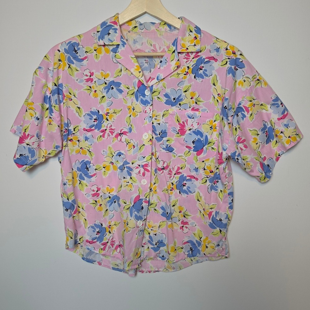 Vintage Floral Print Short Sleeve Button Up Shirt Pink Blue Medium/Large
